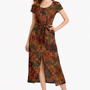 Vintage All That Jazz Midi Dress XS Boho Floral Tie Waist Slit Made in USA